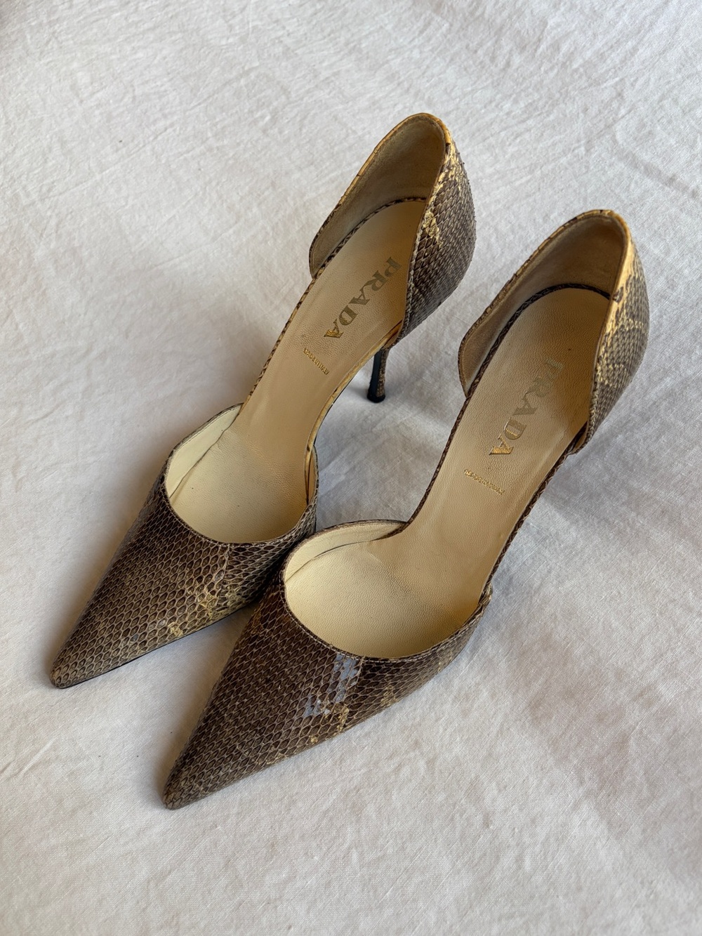 Vintage Prada Python Snakeskin Pointy Toe Heels Brown Tan